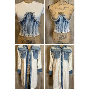 Vintage 90's Thrill Acid Wash Denim Corset Top & Shirt Trench Coat Dress S/M